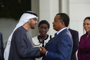 Les présidents des Émirats arabes unis, Mohammed Ben Zayed Al Nahyane, et du Congo, Denis Sassou Nguesso, à Abou Dhabi, le 15 février 2024. © Présidence de la République du Congo