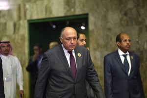 Le ministre égyptien des Affaires étrangères, Sameh Shoukry (au c.), à Riyadh, en décembre 2018. © FAYEZ NURELDINE / AFP.