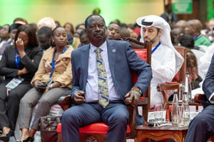 Raila Odinga assiste au premier sommet africain sur le climat au Kenyatta International Convention Center, à Nairobi, au Kenya, le 5 septembre 2023. © (State House of Kenya / Anadolu Agency via AFP)