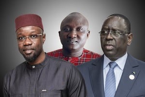 (De g. à dr.) Ousmane Sonko, Ousmane Yara et Macky Sall. © Montage JA : Primature du Sénégal – DR – Amanuel Sileshi/AFP