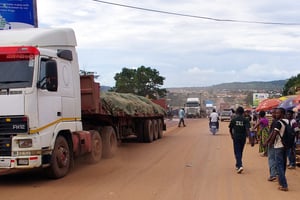 Camions bloqués à Kasumbalesa, une ville congolaise à la frontière entre la RDC et la Zambie, le 13 février 2014.- © MARC JOURDIER/AFP