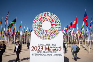 Assemblée annuelle du Fonds Monétaire International et de la Banque mondiale, le 12 octobre 2023 à Marrakech. © Christophe Gateau/DPA Picture-Alliance via AFP