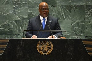 Le président de la République démocratique du Congo, Félix Tshisekedi, à la 79e session de l’Assemblée générale des Nations unies, à New York, le 25 septembre 2024. © TIMOTHY A. CLARY / AFP)