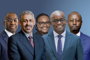 (De g. à dr.) Amadou Hott, Sidi Ould Tah, Bajabulile Swazi Tshabalala, Samuel Munzele Maimbo et Mahamat Abbas Tolli. © Amadou Hott, Sidi Ould Tah, Bajabulile Swazi Tshabalala, Samuel Munzele Maimbo et Mahamat Abbas Tolli.
MONTAGE JA : Sylvain Cherkaoui pour JA ; DR ; World Bank Group