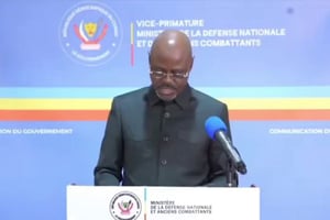 Guy Kabombo Muadiamvita, le vice Premier ministre congolais, prononçant son discours controversé, le 30 janvier 2025. © YouTube