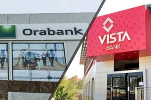 Façade d’Orabank, façade de Vista Bank. © MONTAGE JA : Jacques Torregano pour JA ; DR