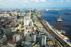 Vue aérienne du quartier des affaires de la Marina, à Lagos, au Nigeria.
