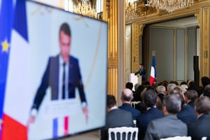 Discours d’Emmanuel Macron lors de la Conférence des ambassadeurs, à l’Élysée, à Paris, le 6 janvier 2025. © JEANNE ACCORSINI/SIPA