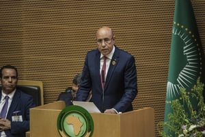 Mohamed Ould Cheikh El Ghazouani, à la tribune de l’Union africaine (UA), le 17 février 2024, à Addis-Abeba. © AMANUEL SILESHI/AFP
