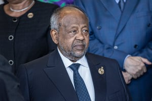 Le président de Djibouti, Ismaïl Omar Guelleh, lors de la 37e session ordinaire de la Conférence de l’Union africaine (UA), à Addis-Abeba, le 17 février 2024. © Amanuel Sileshi / AFP