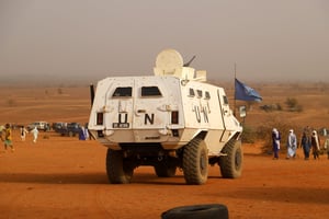 Un véhicule blindé de la Minusma, en mars 2020. © Souleymane Ag Anara / AFP.