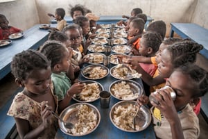 Repas fourni par le Programme mondial de prévention de la sous-nutrition, dans une école primaire d’Ankililoake, à Madagascar, en décembre 2018. © Rijasolo/AFP