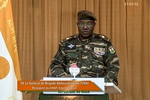 Le général Abdourahamane Tiani, lors de son allocution télévisée, le 19 août 2023. © ORTN – TÈlÈ Sahel / AFP