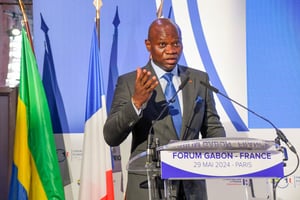 Brice Clotaire Oligui Nguema, le président de transition gabonais, au forum Gabon-France, à Paris le29 mai 2024. © Facebook Présidence du Gabon