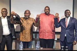 De gauche à droite : les fondateurs du Pacte pour un Congo retrouvé (PCR) Jean-Lucien Busa, Vital Kamerhe, Tony Kanku Shiku et Julien Paluku, le 23 janvier 2024. © DR