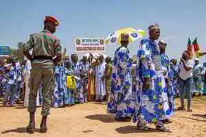 Supporters of Cameroon People's Democratic Movement (CPDM) attend a political rally at Lamido Yaya Dairou Stadium in Maroua, Cameroon, Tuesday, Oct. 7, 2025.