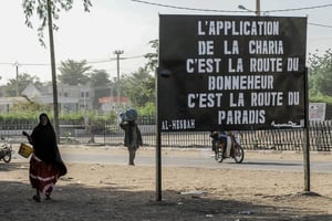 Au Mali, ce panneau de propagande a été installé par le Mouvement pour l’unicité et le jihad en Afrique de l’Ouest (Mujao) le 30 janvier 2013. © SIA KAMBOU / AFP