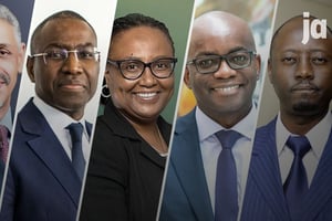 Les cinq candidats à la présidence de la Banque africaine de développement : Sidi Ould Tah, Amadou Hott, Bajabulile Swazi Tshabalala, Samuel Munzele Maimbo et Mahamat Abbas Tolli. © Montage JA / Photos :  Sylvain Cherkaoui pour JA ; DR ; World Bank Group