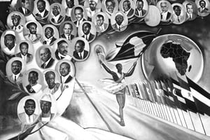 Fresque des 32 chefs d’État africains, pères fondateurs de l’OUA à Addis-Abeba. © Archive JA