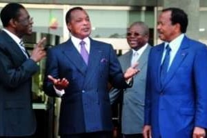 T. Obiang Nguema, D. Sassou Nguesso et P. Biya lors du sommet de la Cemac, à Brazzaville le 7 juin. © Presi-Press