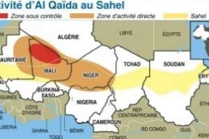 Carte d’Afrique situant le sanctuaire et la zone d’activité directe d’Aqmi. © AFP.