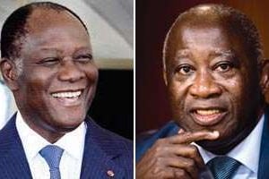 Alassane Dramane Ouattara et Laurent Gbagbo, les deux finalistes probables de la présidentielle. © Photos et montage J.A.