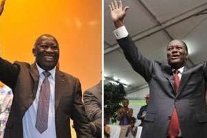 Les deux candidats du second tour : Gbagbo (à g.) et Ouattara. © AFP