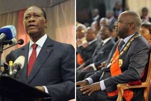 Alassane Ouattara (g.) et Laurent Gbagbo, le 4 décembre. © AFP