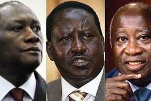 De g. à dr. : Alassane Ouattara, Raila Odinga et Laurent Gbagbo. © DR/Montage J.A.