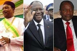 De g. à d. : Mahamadou Issoufou, Alassane Ouattara et Alpha Condé © montage Jeune Afrique