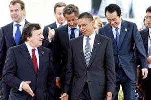 Jose Manuel Barroso, Barack Obama, Dmitri Medvedev, David Cameron, Nicolas Sarkozy, Naoto Kan au G8. © AFP