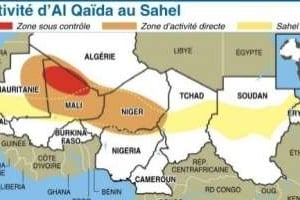 Carte délimitant le Sahel et situant le sanctuaire et la zone d’activité directe d’Al Qaïda. © AFP