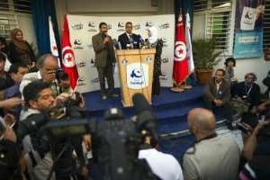 Des dirigeants d’Ennahdha, le 24 octobre à Tunis. © Lionel Bonaventure/AFP