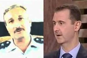 Le colonel dissident Asaad (à g.) et le président syrien Bachir al-Assad. © Captures d’écran Youtube.