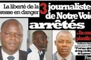 La Une du quotidien ivoirien « Notre Voie » après l’arrestation de trois de ses journalistes. © D.R.