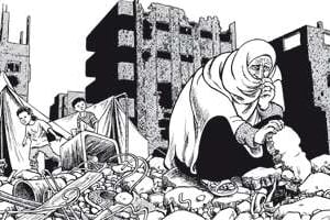 Une femme à Gaza dans les débris d’une habitation. © Joe Sacco/éditions Futuropolis