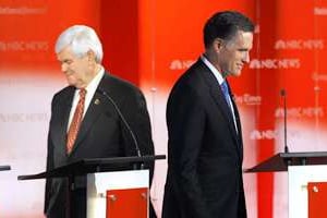 Newt Gingrich (à g.) et Mitt Romney lors d’un débat en Floride, le 23 janvier. © Brian Snyder/Reuters