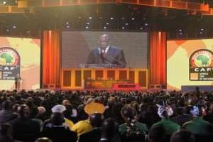 Discours du président sud-africain Jacob Zuma avant le tirage au sort de la CAN 2013. © Alexander Joe