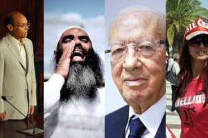 De g. à d. : Moncef Marzouki, un salafiste tunisien, Béji Caïd Essebsi et une militante. © AFP, SIPA, Ons Abid, AFP