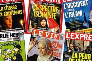 Couvertures d’hebdomadaires français et belges ayant pour thème l’islam. © DR/Twitter