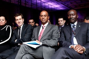 Miriem Bensalah- Chaqroun (CGEM), Matthieu Pigasse (Lazard & Co), Thierry Tanoh (Ecobank) et Henri-Claude Oyima (BGFI). © Bruno Lévy/JA