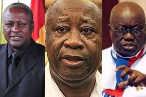 De g. à dr. : J. D. Mahama, Laurent Gbagbo et N. Akufo-Addo. © AFP