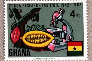 Un timbre du Ghana où apparaît la précieuse fève de cacao. © DR