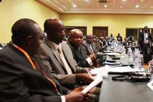 La délégation du M23 aux négociations de paix à Kampala en Ouganda, le 11 décembre 2012. © Isaac Kasamani/AFP