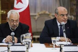 Hamadi Jebali (d) et Rached Ghannouchi (g), le 15 février lors de consultations à Carthage. © AFP