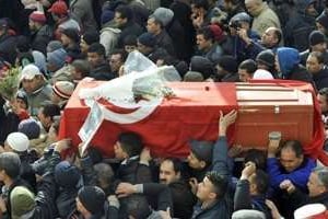 Lors des funérailles de Chokri Belaïd, le 8 février. © AFP