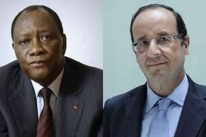 les président ivoirien et français, Alassane Ouattara (à g.) et François Hollande. © Vincent Fournier pour J.A.