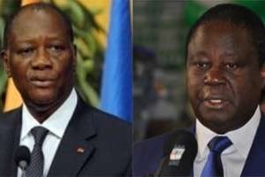 Le président Alassane Ouattara, chef du RDR, et Henri Konan Bédié, celui du PDCI. © AFP/DR