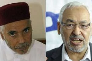 Sadok Chourou, faucon d’Ennahdha, et Rached Ghannouchi, président de la formation islamiste. © AFP/Montage J.A.