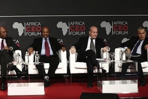 Bob Collymore, Tewolde Gebremariam, Issad Rebrab et Mohamed El Kettani. © Bruno Lévy/AfricaCEOForum